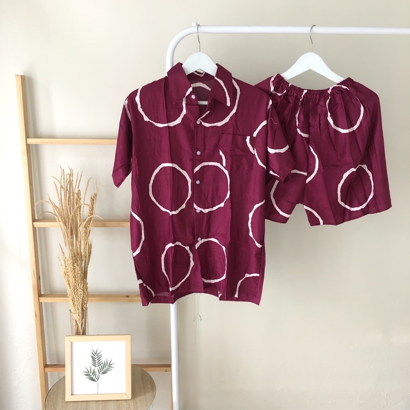 hirafa - One Set Setelan Atas Bawah Full Kancing / Baju Santai Tie Dye / Baju Wanita Pria-Big Ring - Maroon