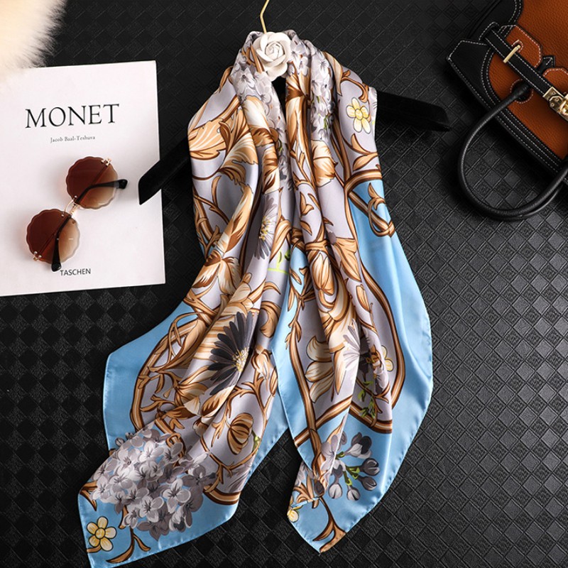 Scarf &quot;Blossom&quot; 90 x 90 Motif Bunga bahan Sutra Imitasi HIGH GRADE, Scarf Mewah