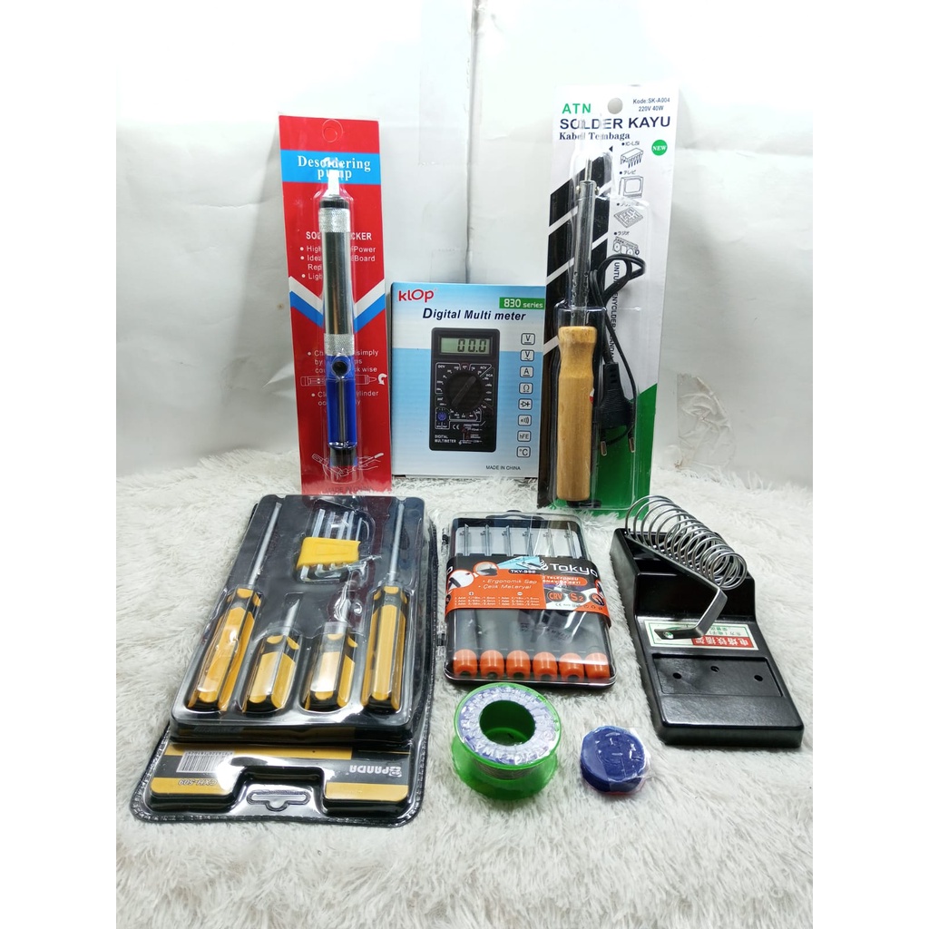 Alat Soldering Listrik SOLDER Gagang Kayu 40Watt / Multitester Digital / Sedotan Solder / Obeng Set 
