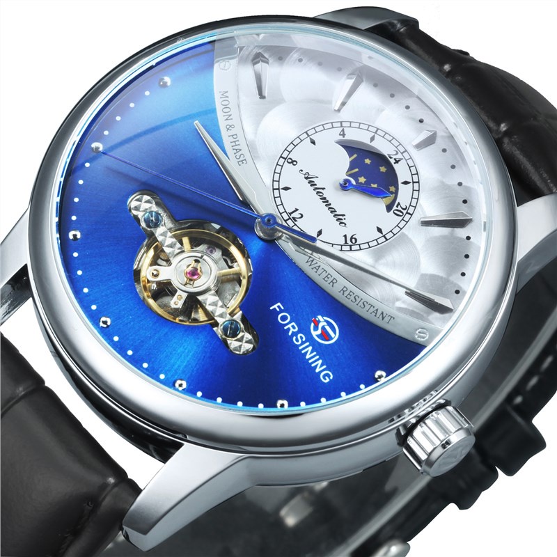 Forsining Klasik Blue Moon Phase Jam Tangan Mekanik Pria Otomatis Tourbillon Kulit Asli Jam Tangan R