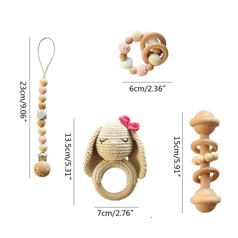 Mary 4pcs / Set Mainan Rattle / Teether Bentuk Kelinci Bahan Kayu Untuk Bayi