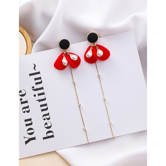 LRC Anting Tusuk Fashion Red Plush Pearl Hemisphere Petal Drops Tassel Earrings D19511