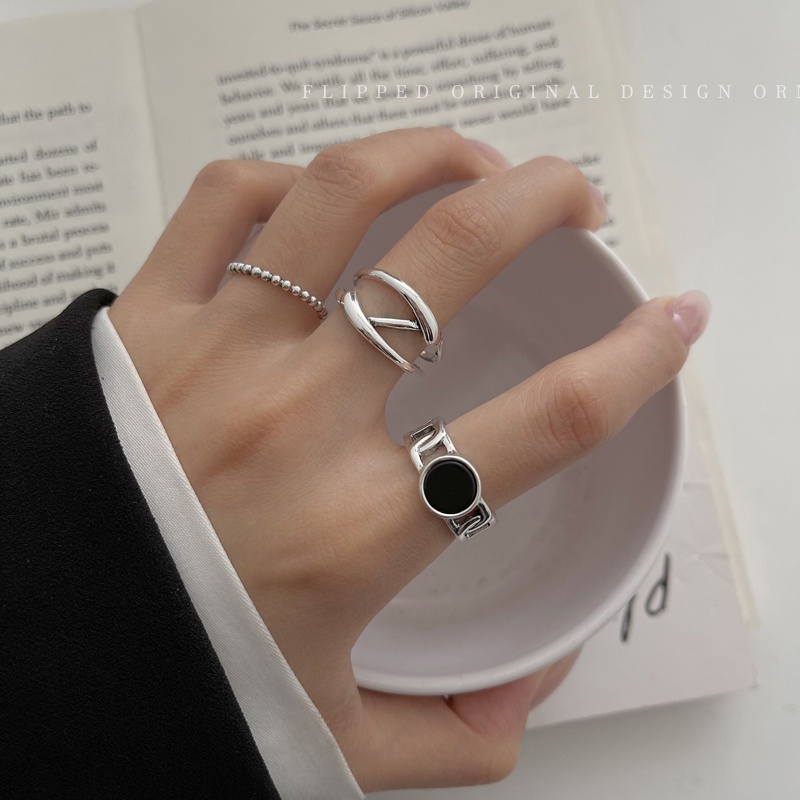 IFYOU 3pcs / Set Cincin Jari Warna Hitam Silver Gaya Retro Korea Untuk Wanita