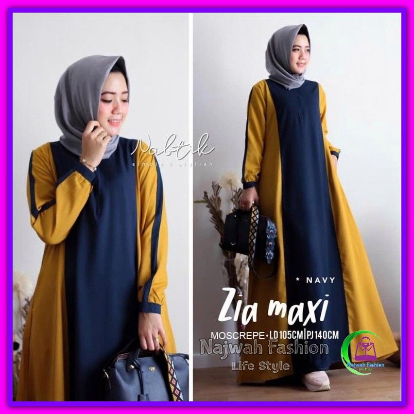 Jual Baju Long Dress Busui Wanita Moscrepe Maxi Dress Gamis Syari Zia Biru Navy Murah