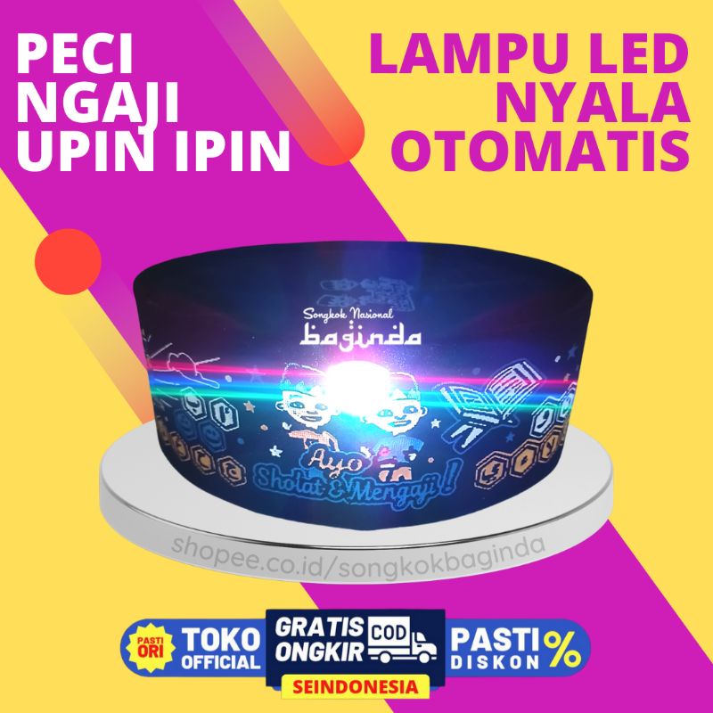 Peci Anak Songkok Karakter Upin Ipin LED Pasangan Baju Ngaji Koko Kemko Anak Laki-laki Untuk TPQ