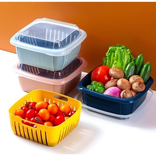 SS Keranjang Saringan Buah Sayur/Tempat Penyimpan Buah Sayur/baskom saringan besar plus tutup/baskom