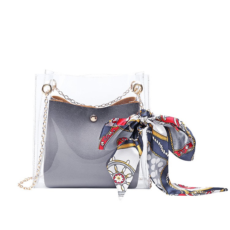 Tas Selempang PVC dengan silk Scraf - Abu abu