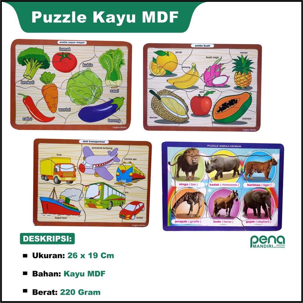 Puzzle Kayu MDF Buah Sayur Kendaraan Hewan Huruf Angka Hijaiyah Jigsaw Bongkar Pasang Murah