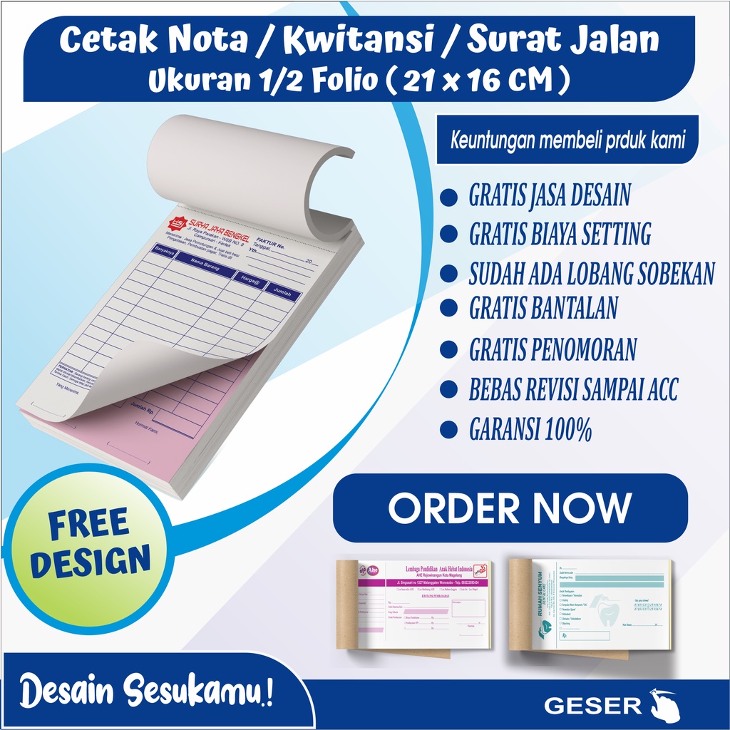 

( 1/2 folio ) Cetak nota kwitansi atau surat jalan custom ukuran 21 x 16 cm atau 1/2 folio nota custom kwitansi custom surat jalan custom cod bayar ditempat
