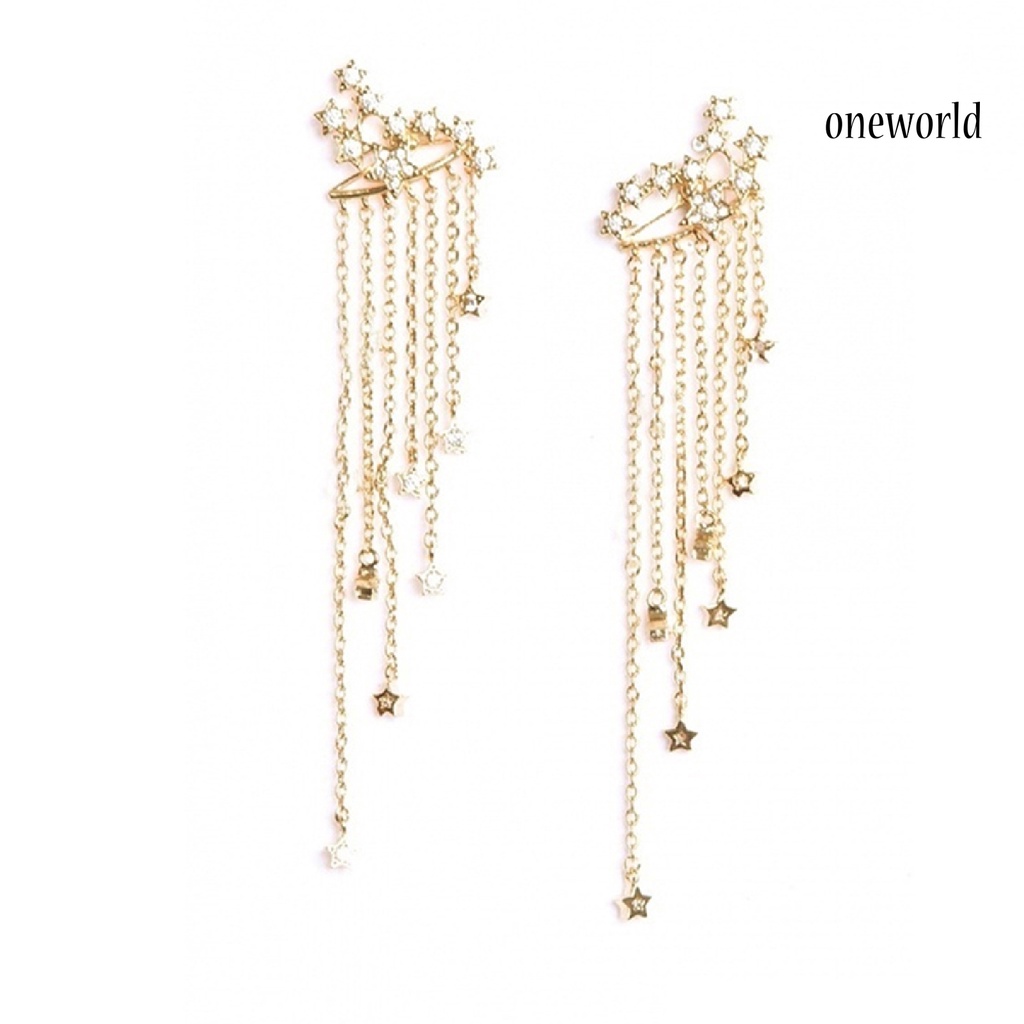 OW@ 1Pc Eardrop Tassel Design Safe Alloy Rhinestone Stars Chain Ear Jacket for Women