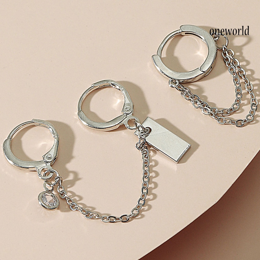 OW# 2Pcs/Set Chain Pendant Circle Alloy Piercing Asymmetric Ear Clips Hoop Earrings for Daily Life