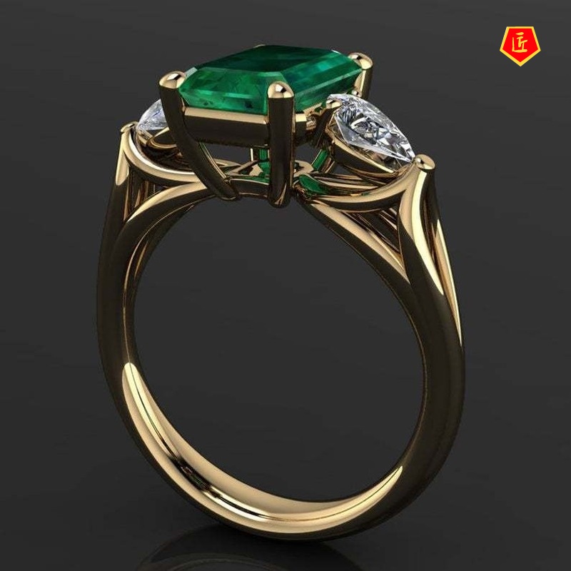 [Ready Stock]Fashion Elegant 18K Gold Green Square Diamond Ring