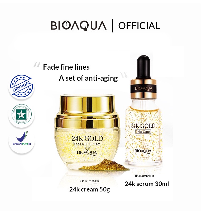 BIOAQUA 24K Gold Skin Care Essence Cream/ Bioaqua 24K Hydrating Toner/Bioaqua 24K Brightening Serum Wajah/Bioaqua 24K Massager Eye Cream/Bioaqua 24K Make Up Remover