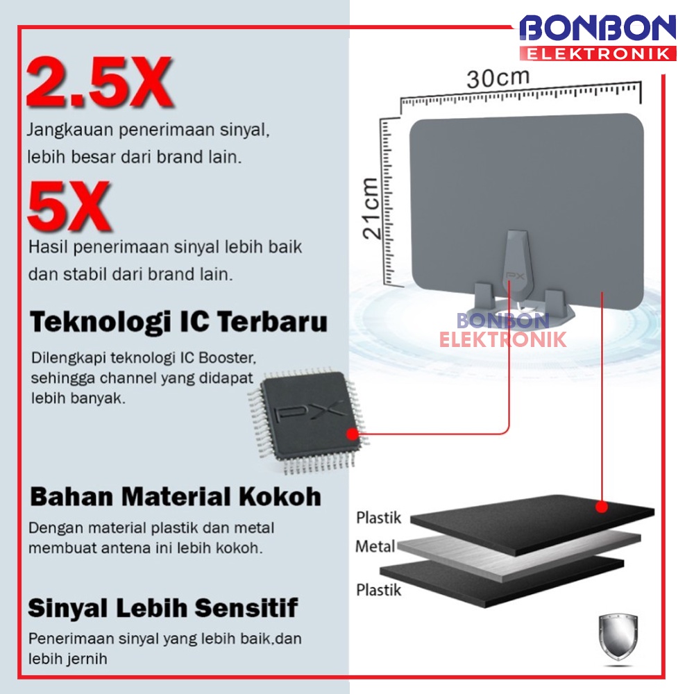 PX Antena TV Digital Analog Indoor Dinding DVBT2+Booster PX UDA-3100A