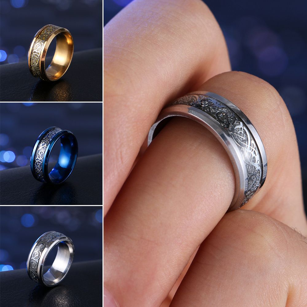 Cincin Desain Naga Bahan Stainless Steel Ukuran 8mm Aneka Warna Gaya Vintage Untuk Pria