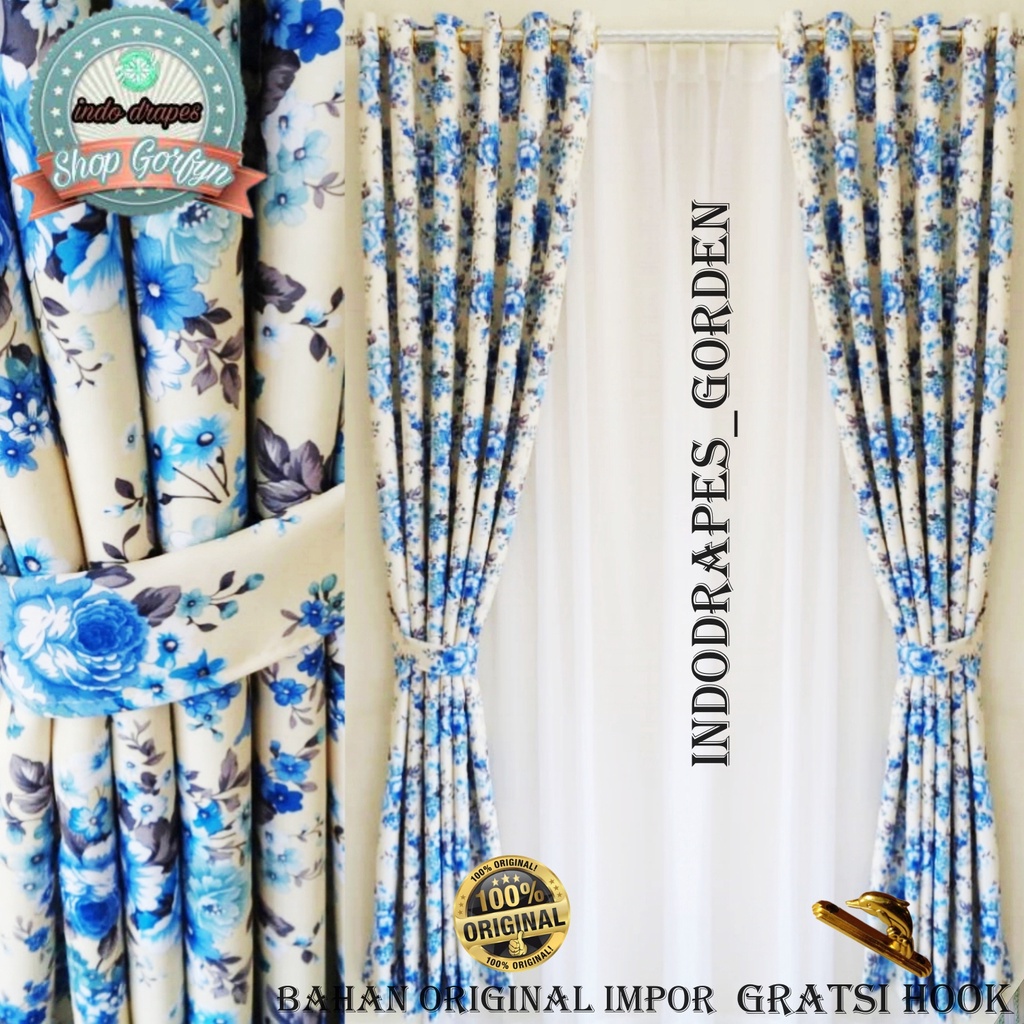 gorden jendela  minimalis panjang 2 meter blackout shabby chic biru bolak balik