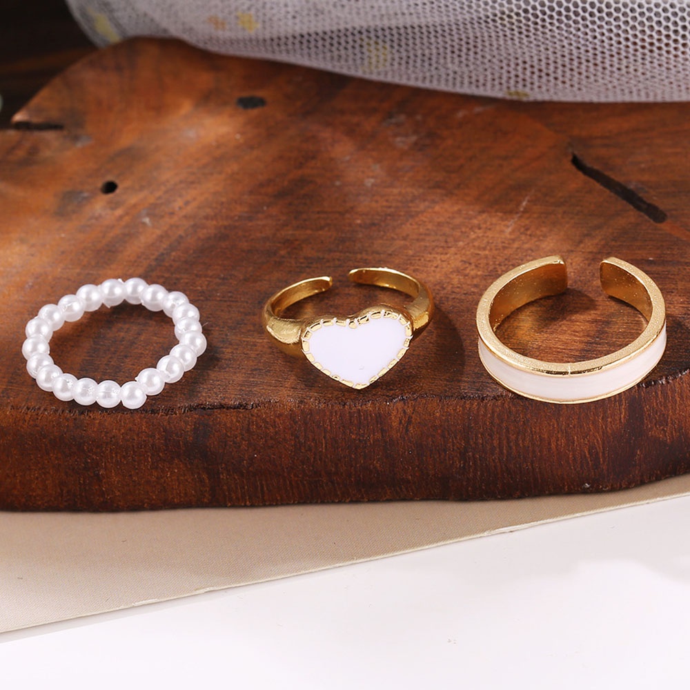 3pcs / Set Cincin Jari Elastis Adjustable Warna Emas Aksen Mutiara Bentuk Hati Untuk Wanita