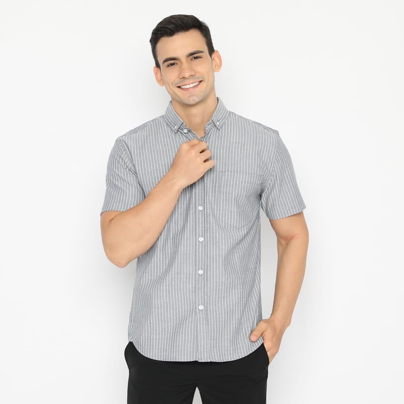 Code Male - S01 Kemeja Pria Salur Biru Pendek Basic Slim Fit