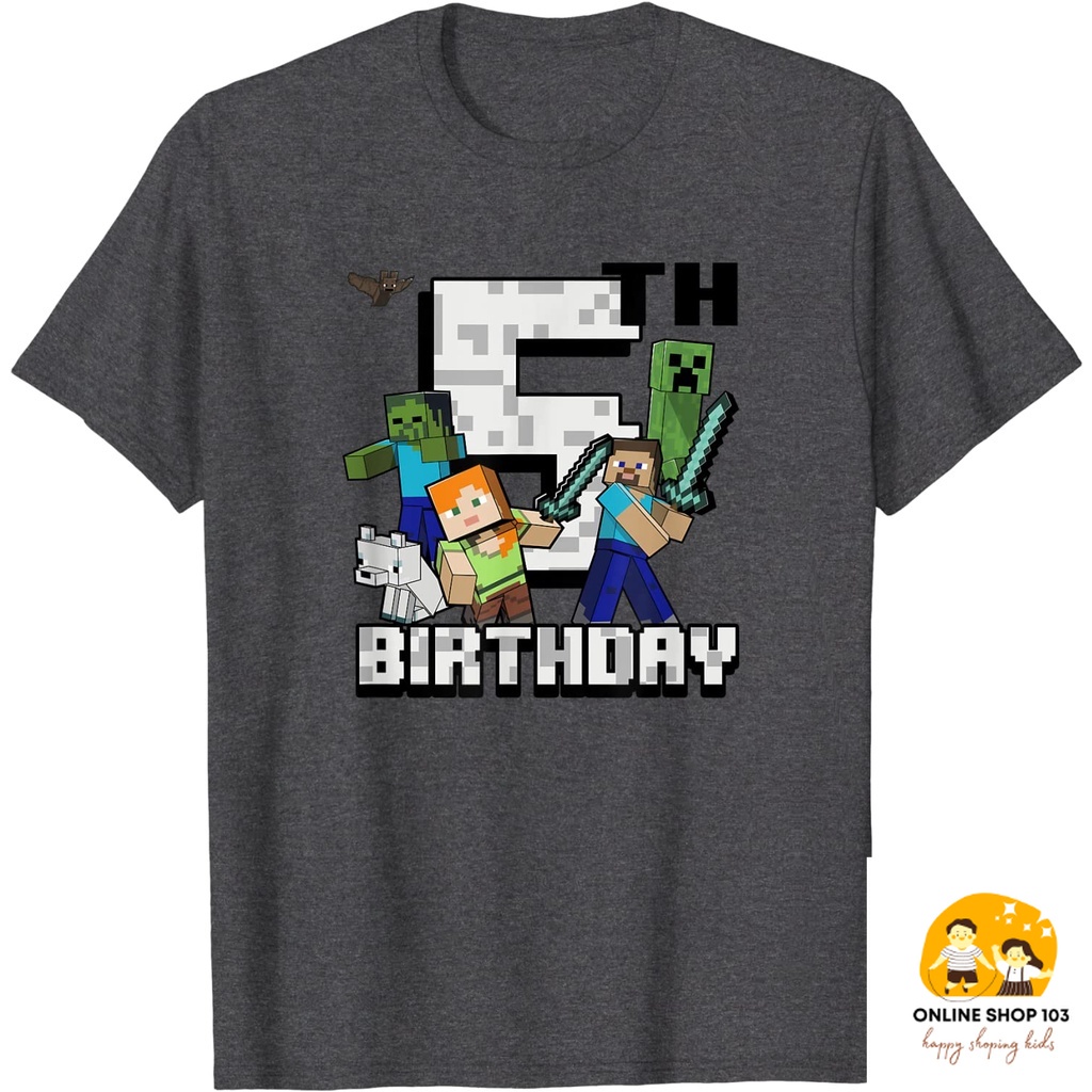Baju Anak Minecraft Group Shot Happy 5th Birthday T-Shirt Kaos Anak Pakaian anak Fashion Bayi Fashio