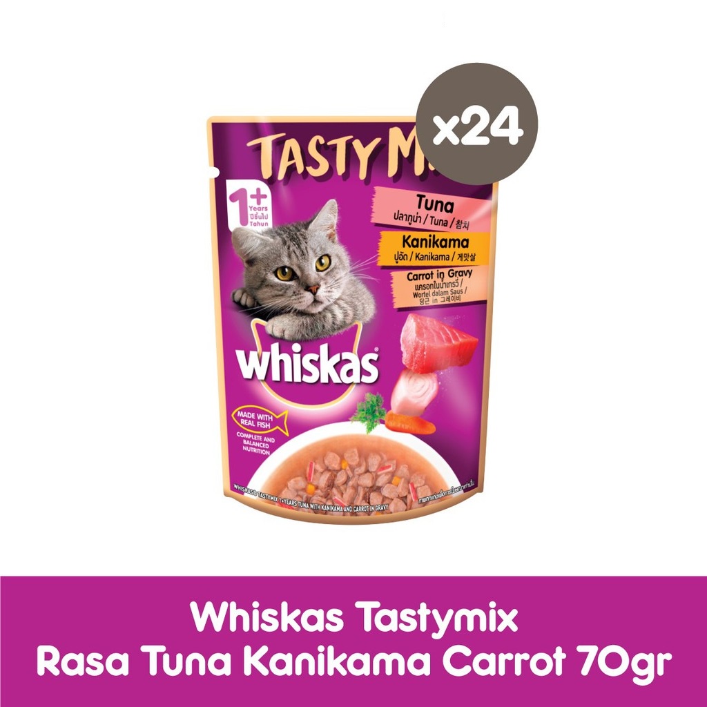 WHISKAS® Tasty Mix Makanan Kucing Basah Pouch 70gr - Isi 24-Tuna Kanikama Carrot