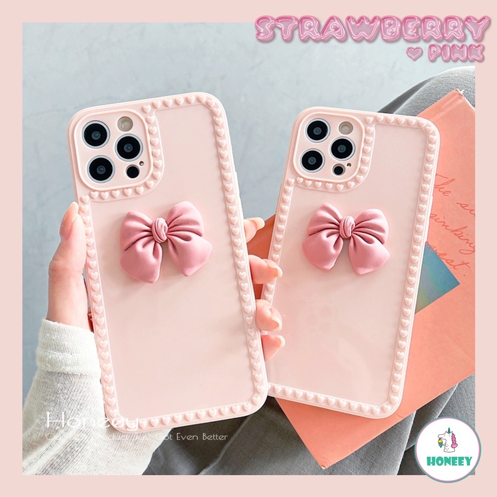 3D Cute Pink Bowknot Glossy Phone Case compatible for IPhone 12 11 Pro Max X XS Max XR 8 7 Plus Shock Resistant Soft TPU Back Cover