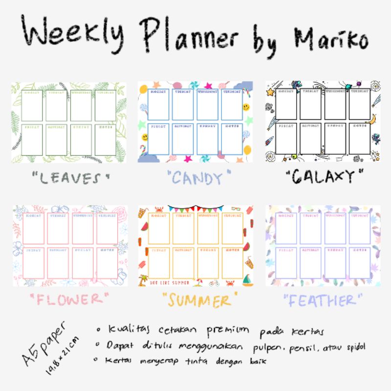 

WEEKLY PLANNER DECO A5 LEAVES CANDY GALAXY FLOWER SUMMER FEATHER MURAH