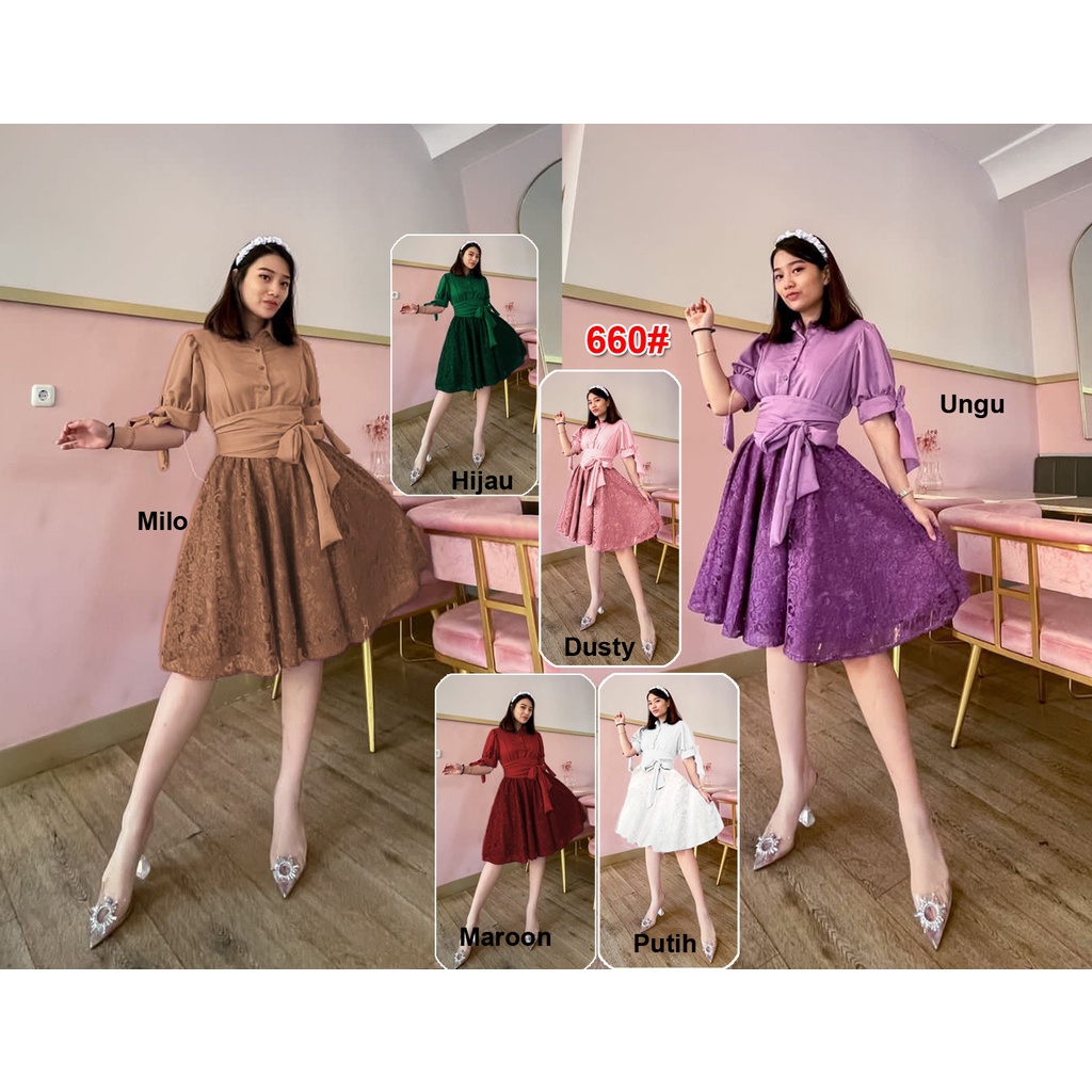 Dress Natal 660 # / Fashion Baju Pesta Wanita / Midi Dress Brukat MIX Moscrepe PREMIUM