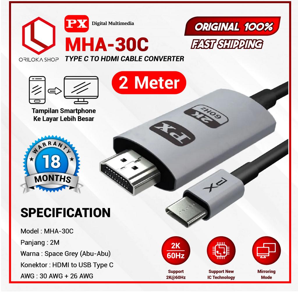 PX MHA-30C Kabel 2M MHL USB Type C to HDMI TV Proyektor Converter - Garnasi Resmi PX