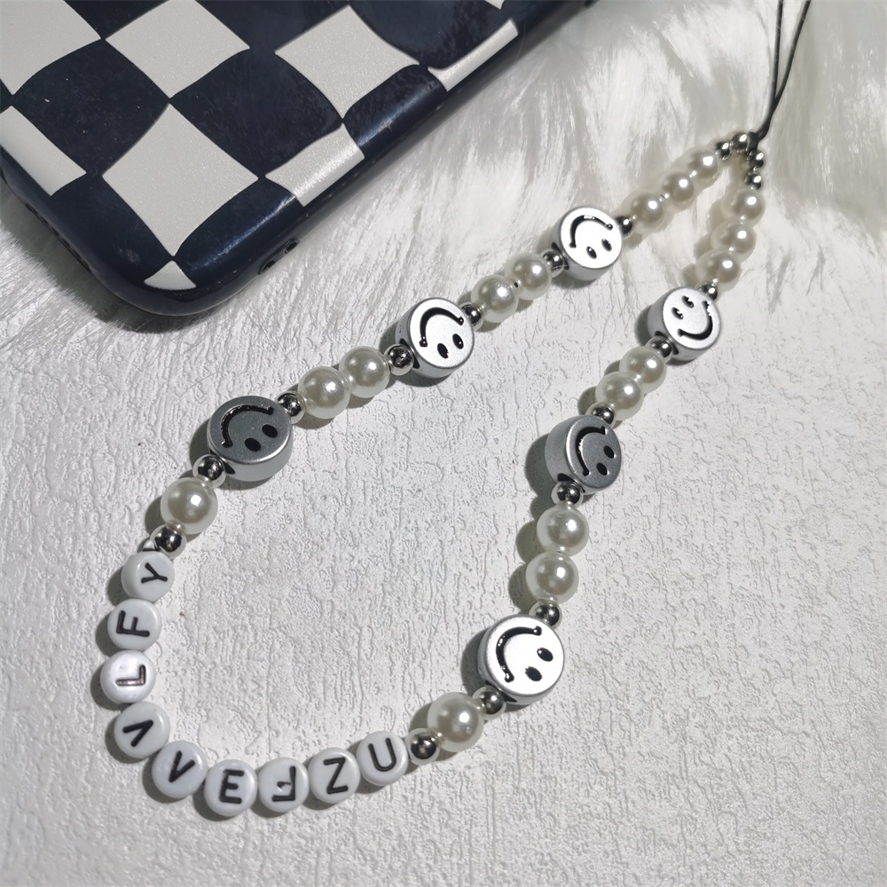 Tali Lanyard Manik-Manik Akrilik Motif Smiley Face Warna Silver Anti Hilang Untuk Handphone