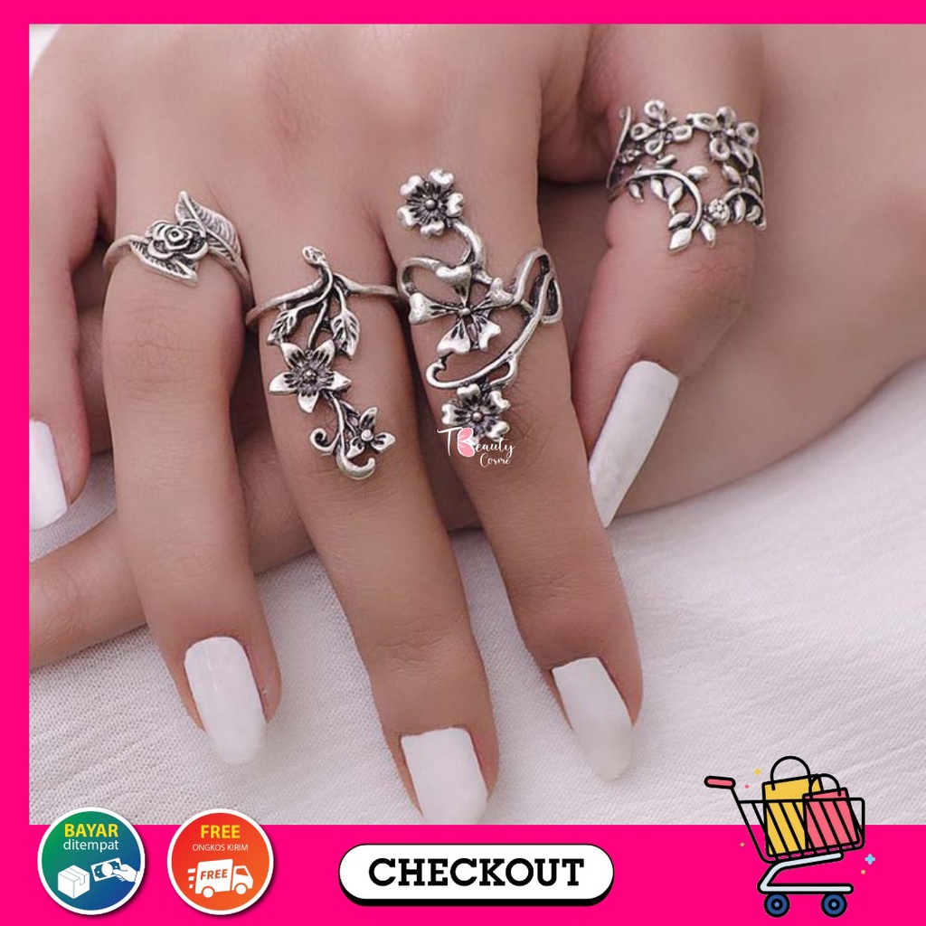 Cincin Wanita Vintage Retro Punk Model Bunga Aksesoris Cincin Korea