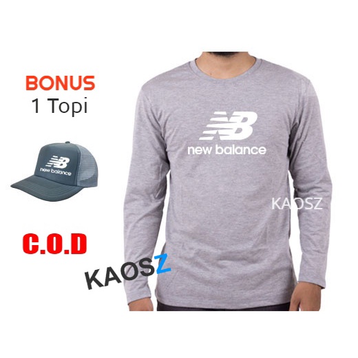 BONUS Topi - Kaos Distro NB Putih Premium Fashion Pria Wanita Lengan Panjang