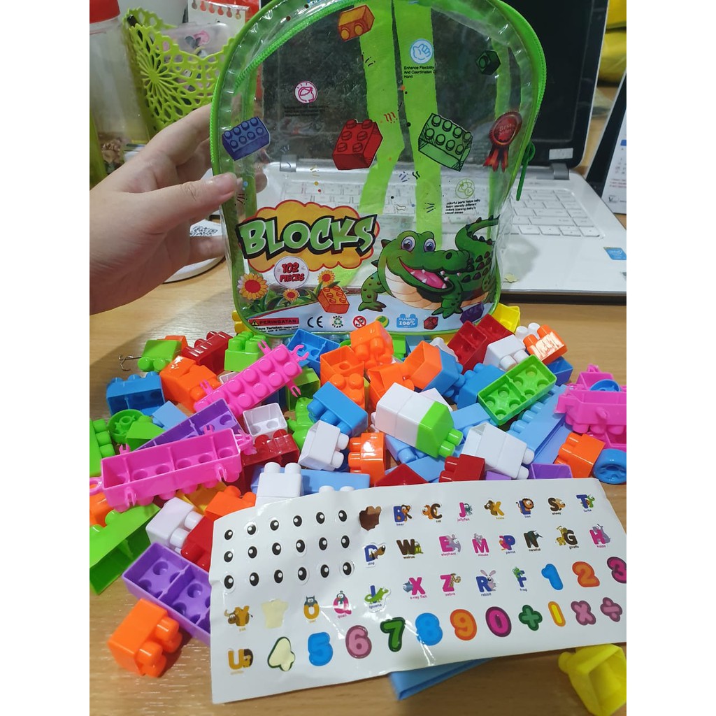 Mainan Anak Balok Susun Block Bongkar Pasang Balok Bricks Tas Isi 102 pcs -  A014