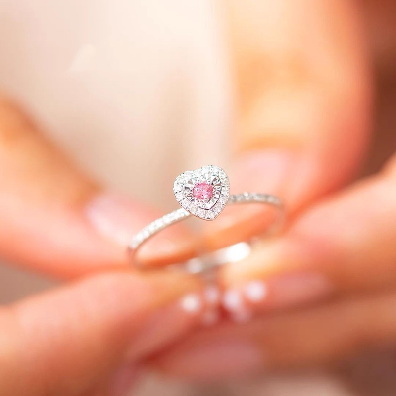 Cincin Sterling Silver 925 Desain Hati Hias Kristal Kubik Zirconia Warna Pink Untuk Wanita