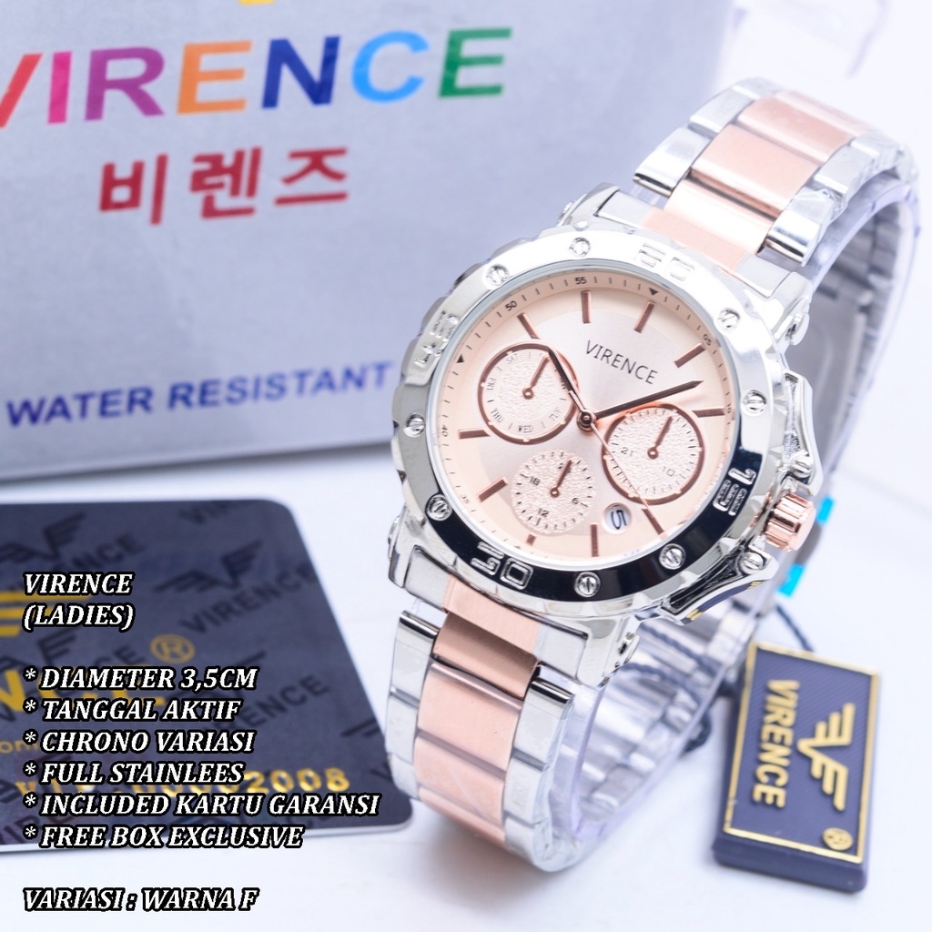 (FREE BOX) JAM TANGAN WANITA VIRENCE RANTAI BODY BULAT TANGGAL AKTIF CHRONO VARIASI