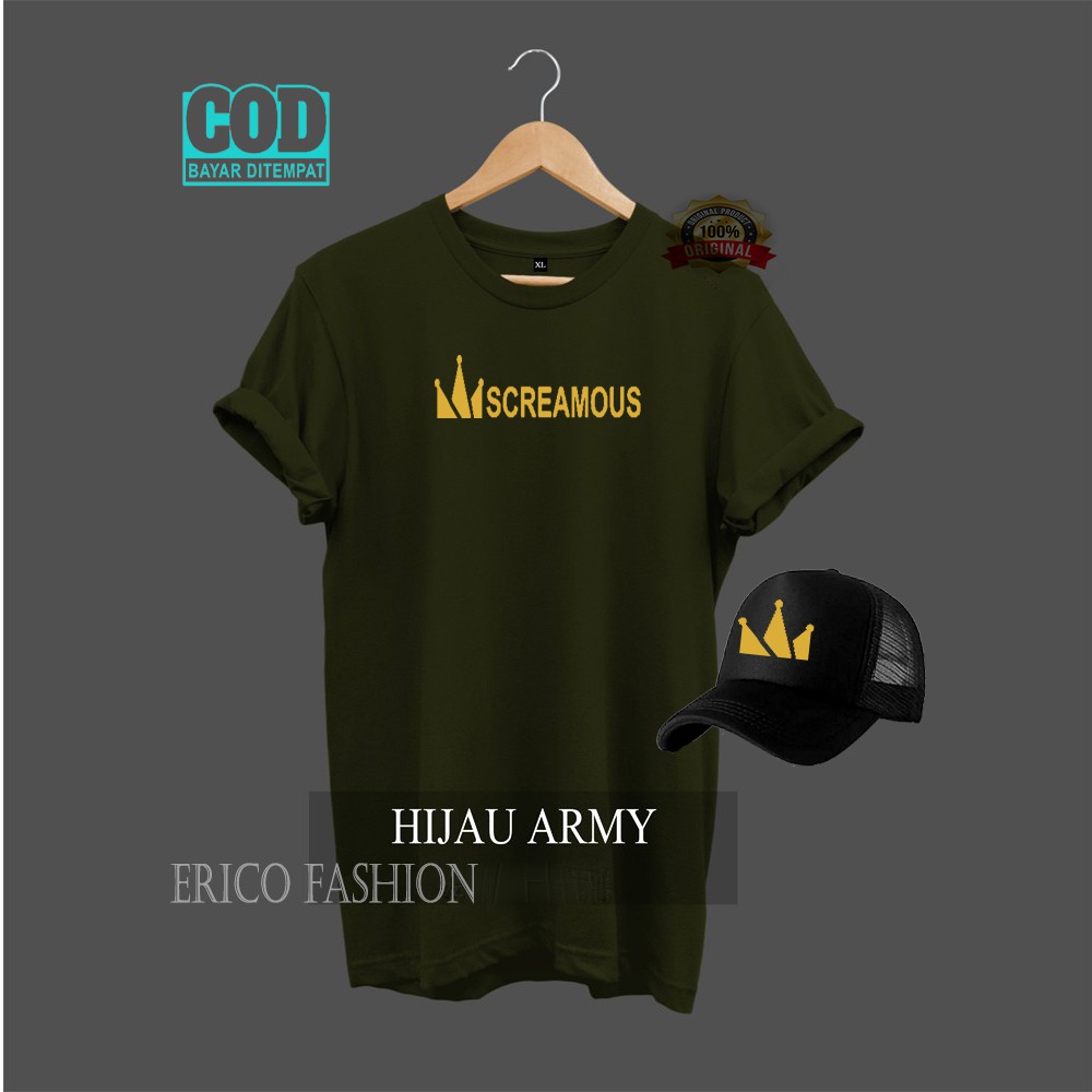 GRATIS TOPI.. Kaos Distro Lengan Pendek Premium >Screamous Logo Gold >Pakaian/Kaos Pria Wanita