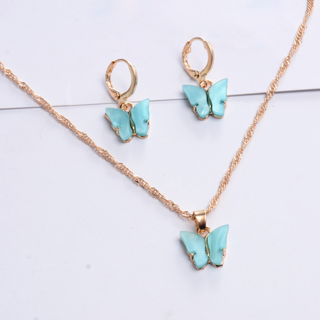 Hu Hu Hu Hu Hu Alat Bantu Pasang Kacamata♡ 2pcs / Set Anting Tusuk + Kalung Liontin Kupu-Kupu Bahan Alloy Untuk Wanita