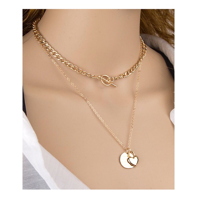 LRC Kalung Fashion Golden Love Lock Ot Buckle Thin Chain Double A62763