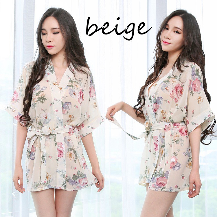 kimono WanitaSet Lingerie Sexy G String Baju tidur Bahan sifon dicetak A187-2