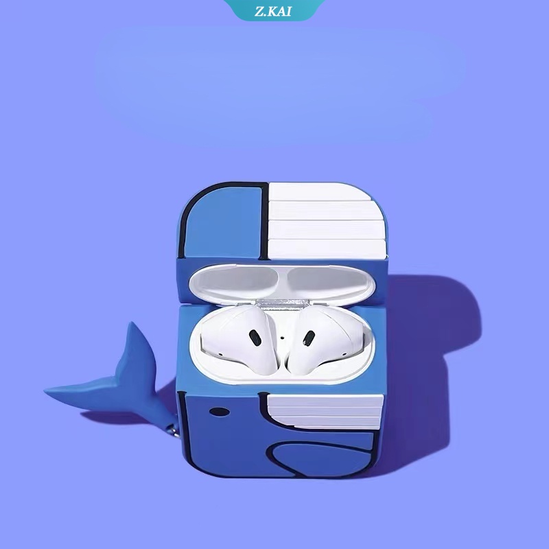 Whale Casing Silikon Motif Kartun Ikan Paus + Gantungan Kunci Untuk Simpan Earphone Wireless Bluetooth Apple AirPods 1 / 2