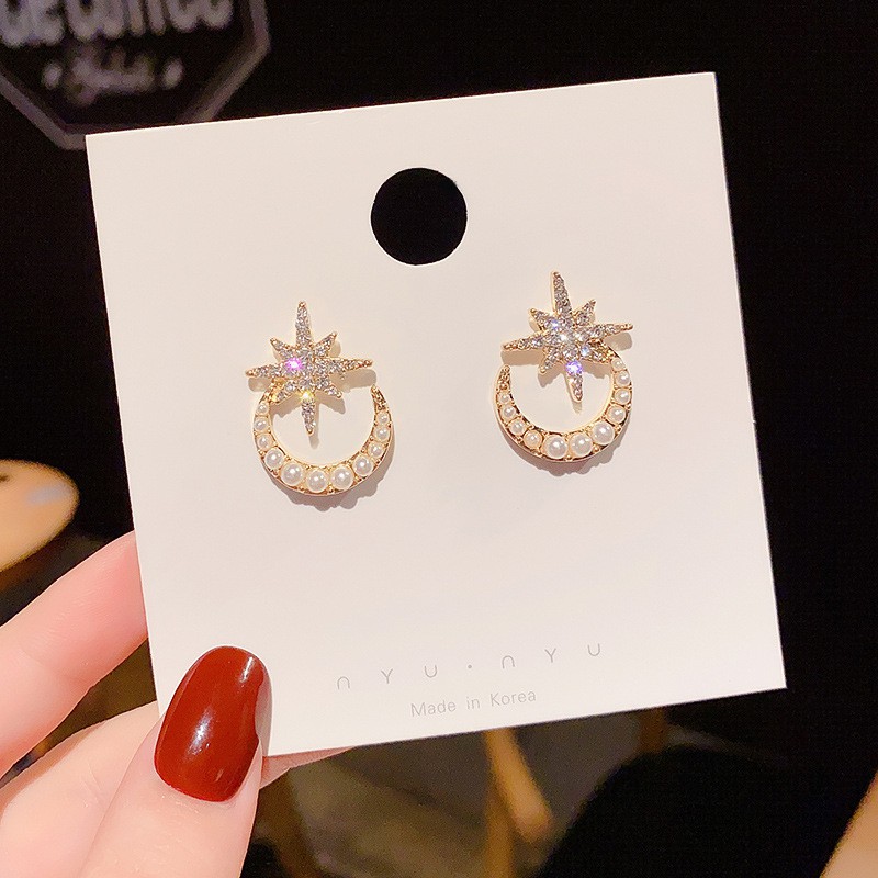 Anting Stud 925 Silver Needle Bentuk Bulan Bintang Aksen Mutiara