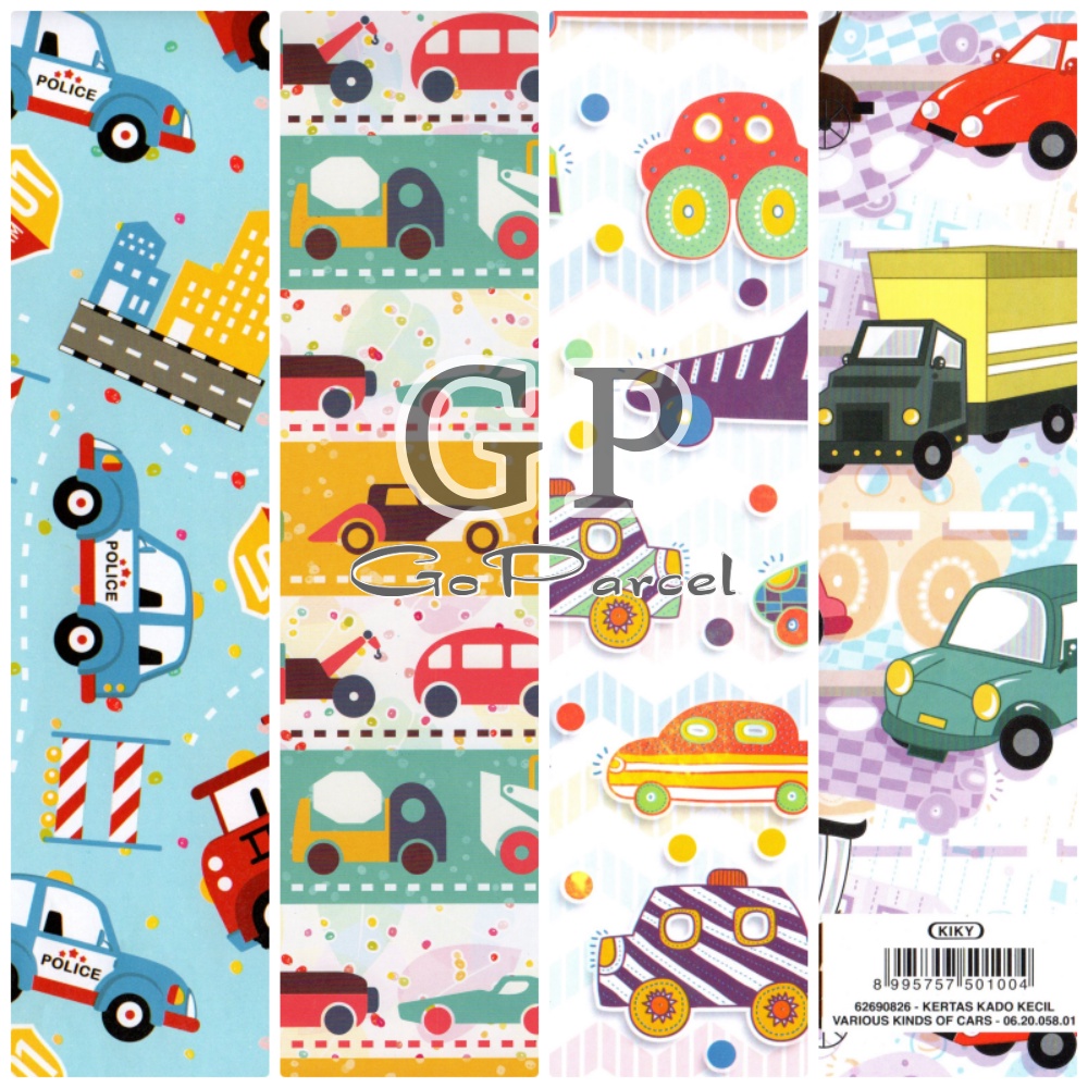 ( 5 Lembar ) KERTAS KADO CONSTRUCTION CAR MOBIL TRACKTOR BUS POLICE KIKY - GIFT WRAP PAPER VARIOUS KIND OF CAR SHINY MENGKILAP GLOSSY