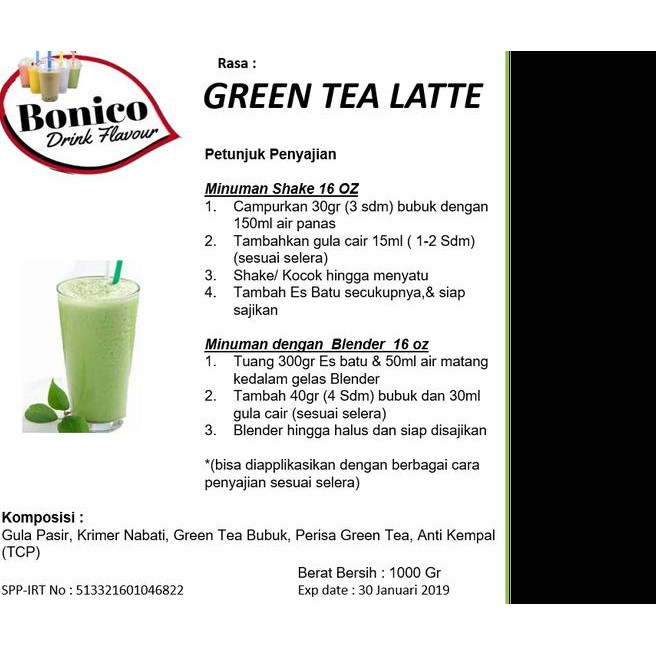 

W2Q1 Greentea Latte Powder 1Kg Bubuk Minuman Green Tea Latee Bonico Shake 6Kzp