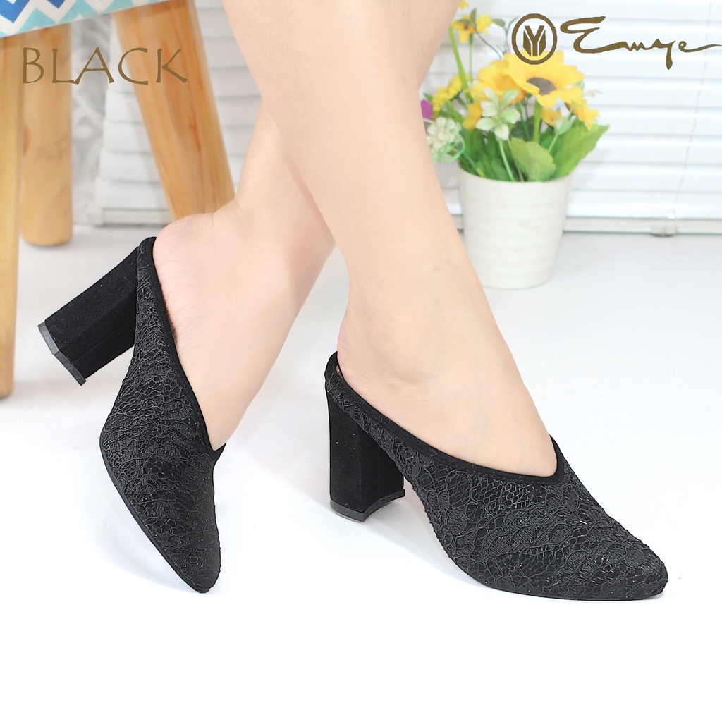 EMYE I Sepatu Heels Pesta Wisuda Pengantin Brukat Glitter  9cm Original Hak Tahu Wanita Terbaru Murah Kekinian Mewah 2021 S09 / Selop Slop Brokat Pesta Kondangan Wanita