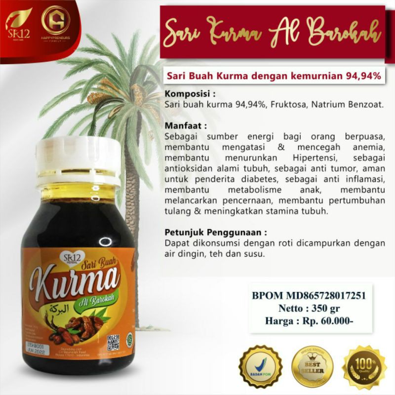 

Sari kurma premium 100% kurma tanpa pemanis buatan/ Sari kurma SR12 Halal/ suplemen kesehatan