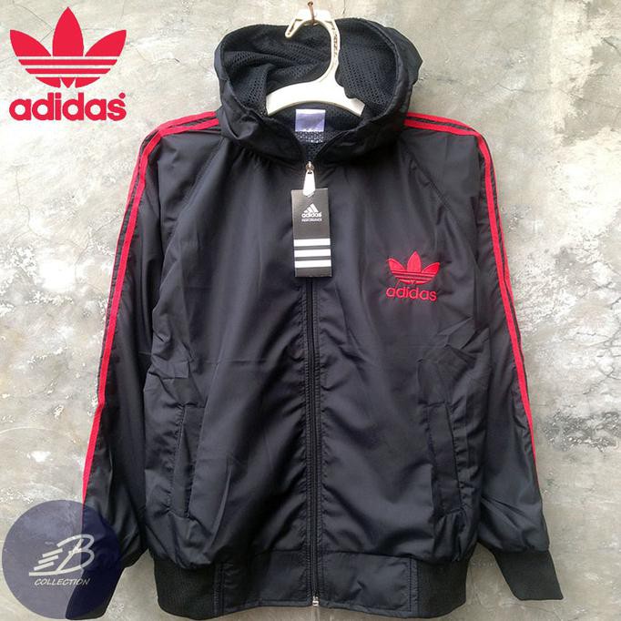 SALE 20% Jaket Parasut Adidas Anak SD SMP ABG - Hitam Strip Merah Sport Hoodie - 7-11 tahun, Hitam