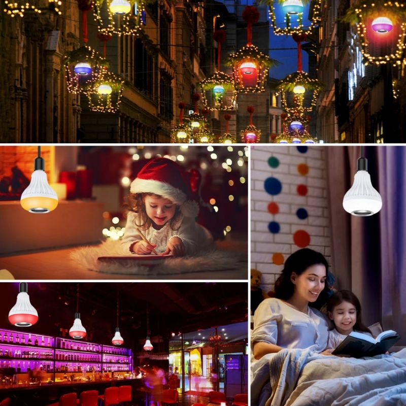 Lampu Bohlam warna warni Speaker Bluetooth wireless LED RGB remote E27 Hias kamar tidur Music disco natal warna warni