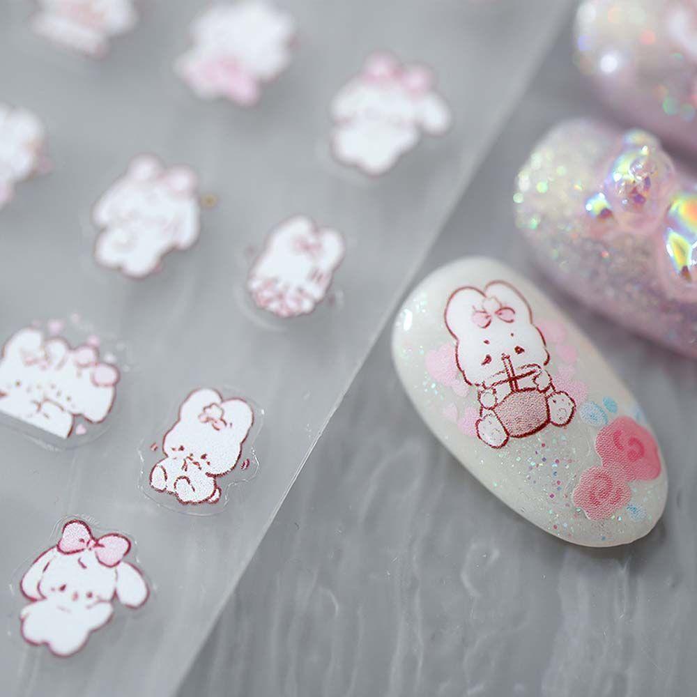 AUGUSTINA Agustina Bunny Nail Art Sticker Putih Lucu Decal Strawberry Rabbit Relief DIY Alat Nail Art