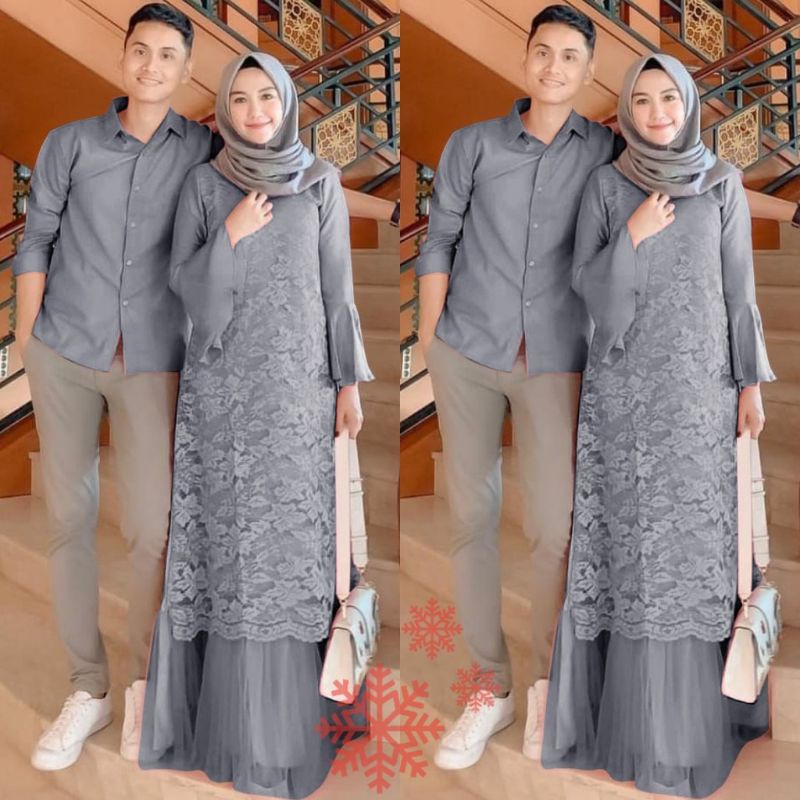 Baju Gamis Dress Brukat Brokat Pesta Kondangan Muslim PELNO Couple S M L XL XXL JUMBO Warna ABU ABU TUA GREY