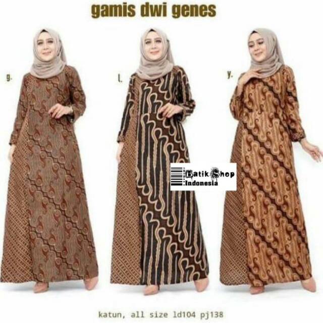 Gamis Dwi Genes Batik Sogan Kombinasi Baju Muslim Wanita Kondangan Casual Maxi Dress Modern