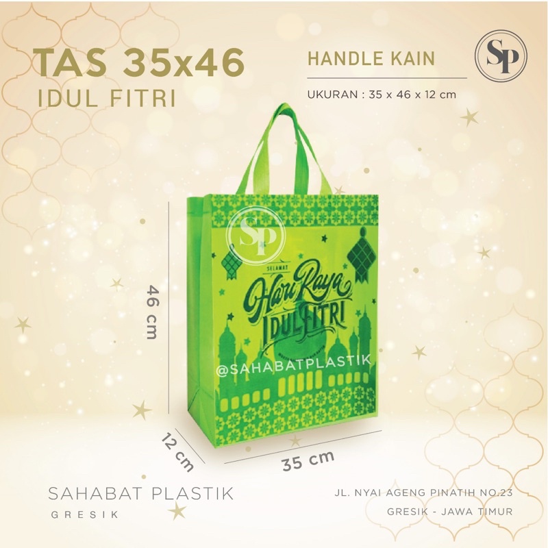 

12pcs Tas kain Idul fitri BESAR 35 x 46 cm premium / goodie bag handle bambu sponbond lebaran sembako THR parsel